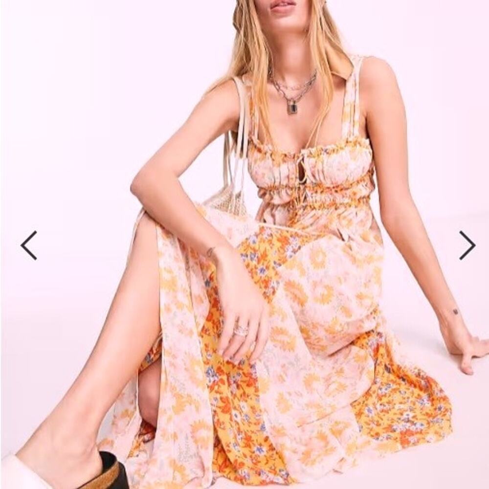 NEW Free People Dance with Me Maxi Dress L Floral Sheer Button Front Strap Boho - Picture 3 of 13